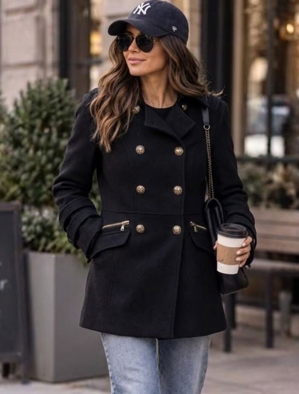 GUESS Los Angeles Black Wool Blend Military Pea Coat Lace Lining Brass Buttons S